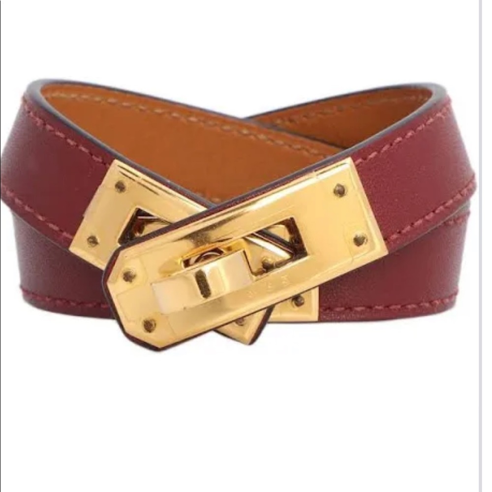 Hermés Red Kelly Swift Leather Double Tour Bracelet Gold